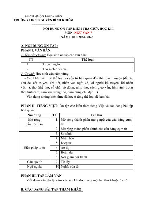 Đề cương ôn tập Giữa kì 1 Ngữ văn 7 năm 2024–2025 trường THCS Nguyễn Bỉnh Khiêm (Hà Nội)
